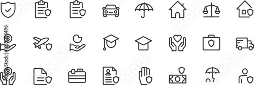 Set of Linear Insurance Icons, Includes Protection Elements Isolated on White Background