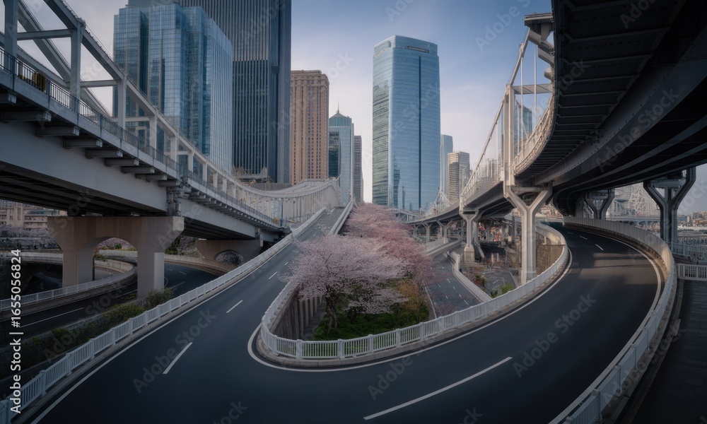 Fototapeta premium Urban highway network with cherry blossoms. Modern city overpasses and roads intertwine, a complex network of concrete and steel. Sakura trees in bloom add a touch of spring to the cityscape