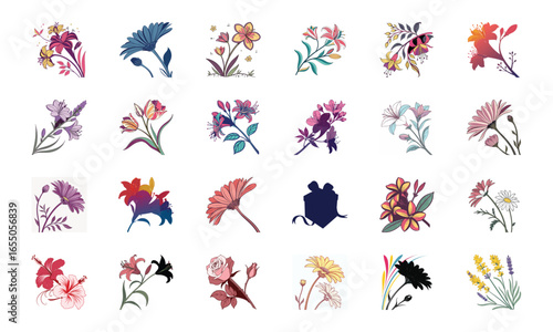 Collection of 24 Beautiful Colorful Flower Illustrations Featuring Daisies, Tulips, Hibiscus, Sunflowers, Plumeria, Roses, Lilies, Lavender, and Mixed Botanical Art Elements in Elegant Hand-Drawn Sty