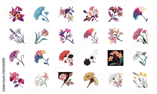 Collection of 24 Beautiful Colorful Flower Illustrations Featuring Daisies, Tulips, Hibiscus, Sunflowers, Plumeria, Roses, Lilies, Lavender, and Mixed Botanical Art Elements in Elegant Hand-Drawn Sty