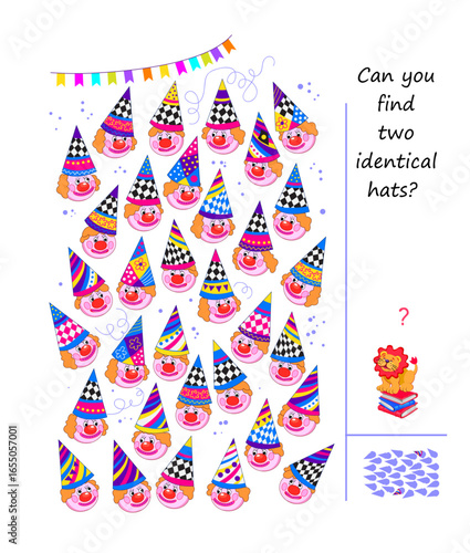 Can you find two identical hats? Logic puzzle for children and adults. Game Seek and Find. Page for kids brain teaser book. Task for attentiveness. IQ test. Hand drawn vector illustration.