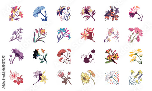 Collection of 24 Beautiful Colorful Flower Illustrations Featuring Daisies, Tulips, Hibiscus, Sunflowers, Plumeria, Roses, Lilies, Lavender, and Mixed Botanical Art Elements in Elegant Hand-Drawn Sty