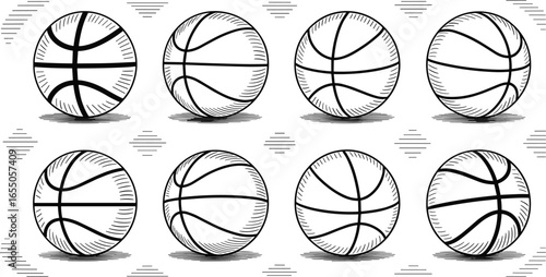 PrintVector illustration of eight realistic basketball icons with motion lines, symbolizing sports, competition, teamwork, and athletic game concepts in design