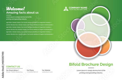 A bifold brochure design: green text area contrasts with white circles overlapping, bottom text, bright, modern, clean, professional, with a welcoming, informative mood.