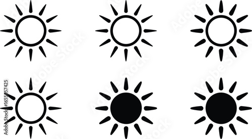 Six Sun Icons with Pointed Rays in Black and White on a Transparent Backdrop