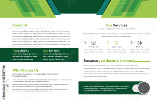 Open brochure: left "About Us" text, right "Services" text, blue/gray waves, linked hexagons, white background, professional, clean, corporate design, bright lighting, informative, modern aesthetic.
