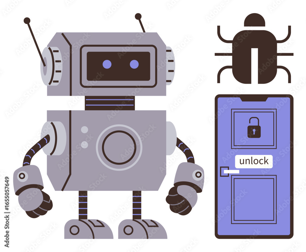 Fototapeta premium Cartoon robot with antennas, digital bug, and locked door with unlock sign. Ideal for AI, cybersecurity, technology, machine learning, automation coding and robotics. Modern flat theme and simple