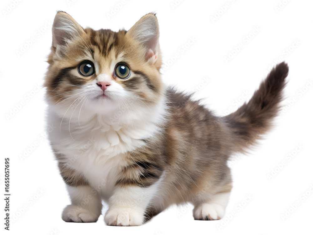 Naklejka premium A purebred munchkin cat with adorable fluffy fur isolated on white background