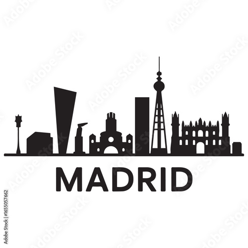 Vector Madrid skyline. Travel Madrid famous landmarks. Business and tourism concept for presentation, banner, web site. Vector black silhouette. with white background