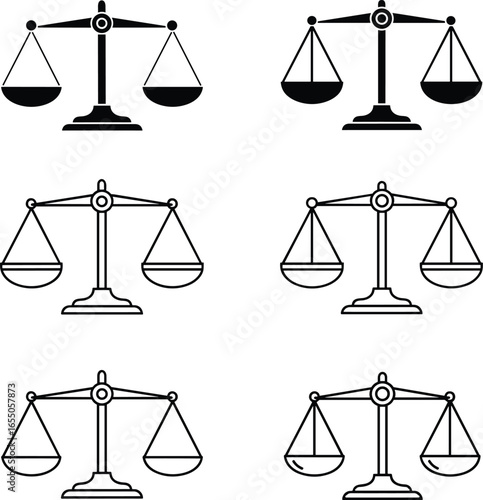 PrintVector illustration of six balance scale icons with filled and empty pans, symbolizing justice, fairness, equality, and impartial legal judgment design