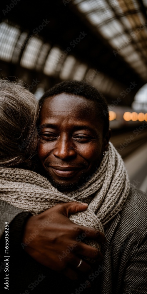 Fototapeta premium Man embracing woman on train platform