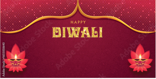 A luxurious and elegant banner for the Diwali festival. Features golden glitter text and glowing lotus-shaped diya lamps on a rich red background with a sparkling gold border.