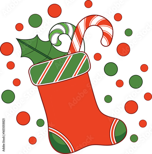 Christmas Stocking with Candy Canes and Holly