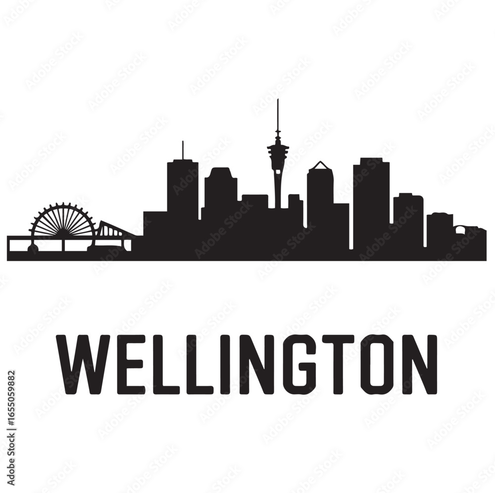 Fototapeta premium Vector Wellington skyline. Travel Wellington famous landmarks. Business and tourism concept for presentation, banner, web site. Vector black silhouette. with white background