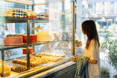 Фотография Woman choosing desserts at a bakery display