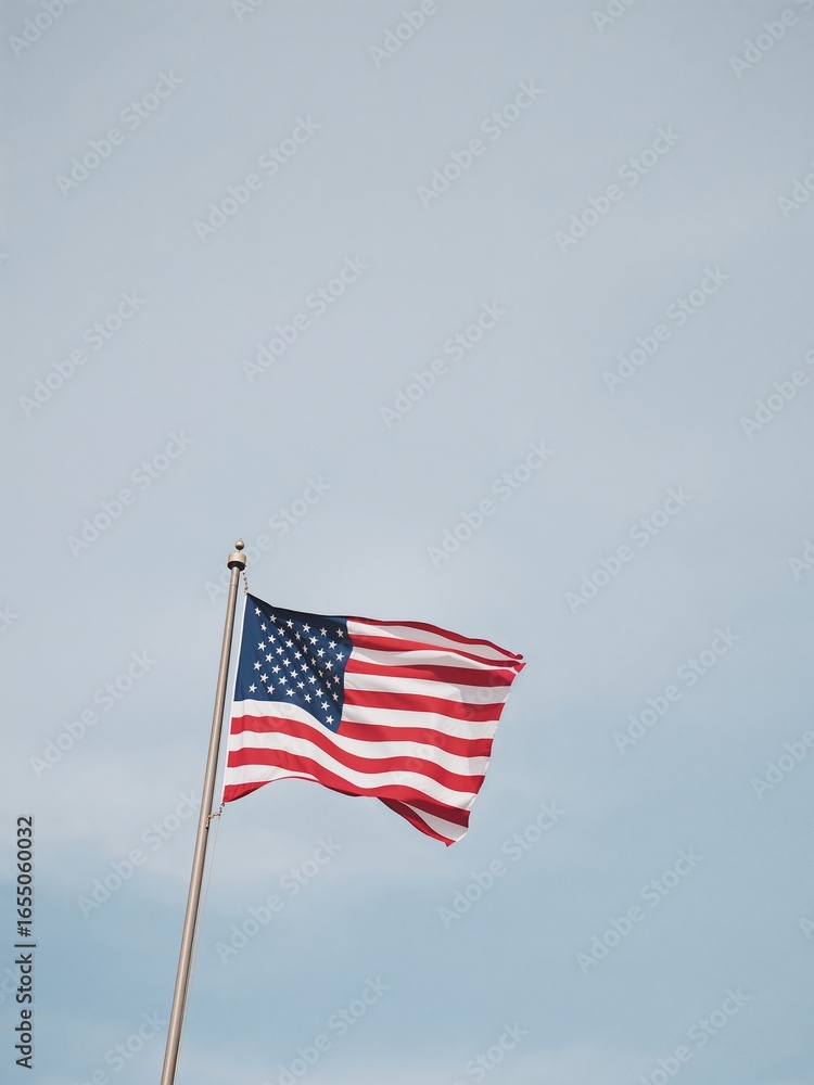 Obraz premium American flag waving on a flagpole against a clear blue sky on a sunny day