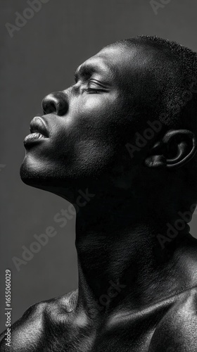 Man looks upward, black and white portrait
