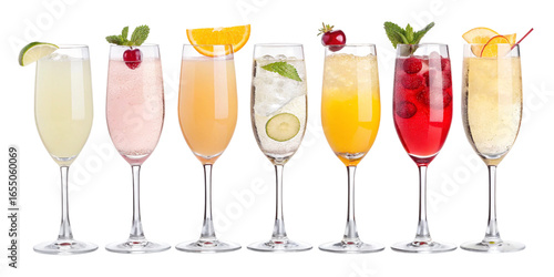 Assortment of Six Colorful Cocktails in Flute Glasses isolated on a transparent background