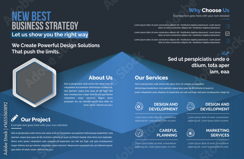 A blue and dark grey business brochure layout features text blocks, hexagon shapes, and icons, creating a modern, corporate, and professional ambiance.