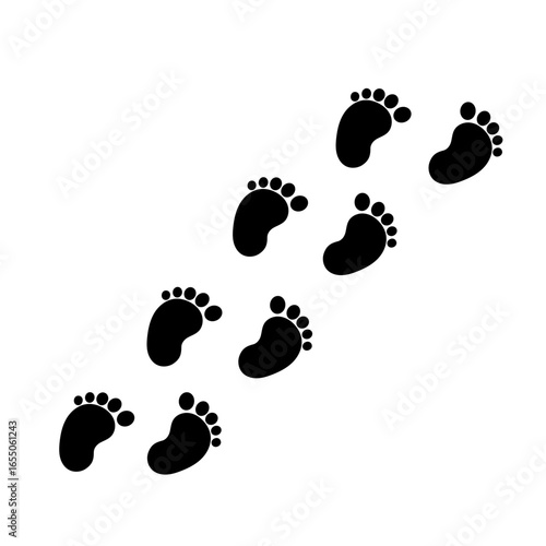 Black baby's prints footpath. Kids feet footprints silhouette. Childhood or baby shower theme.