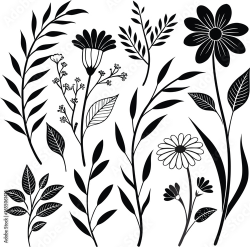 Wildflower Botanical Elements Silhouette Vector Set