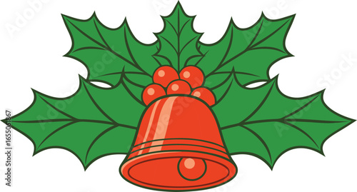Christmas jingle bell with holly leaves and berries. Vector cartoon illustration for winter holiday decoration.
