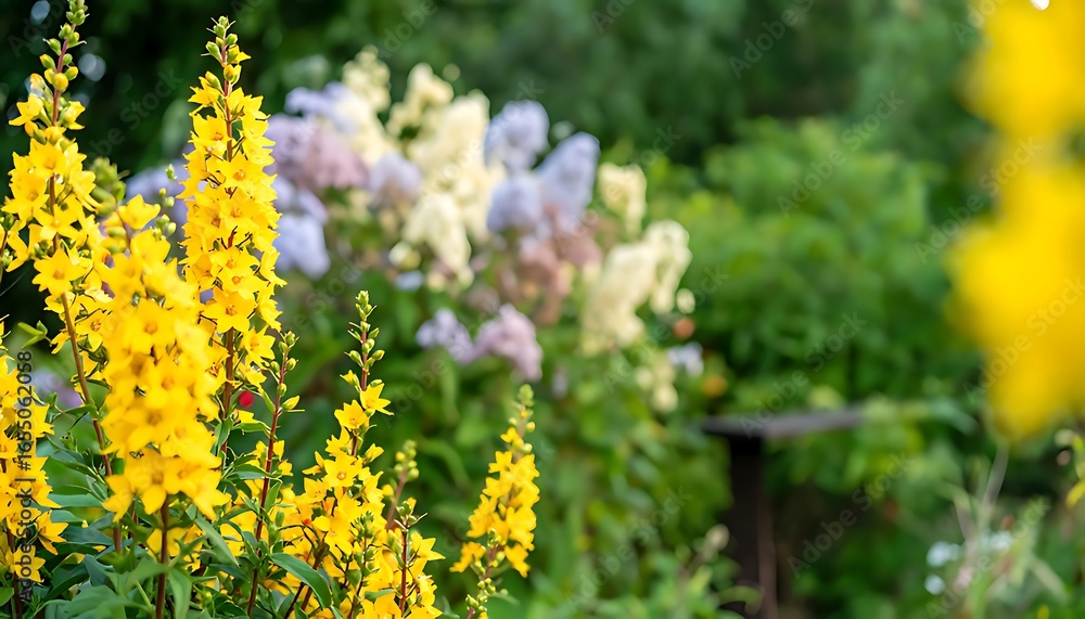 Fototapeta premium Bright yellow flowers in a garden setting.