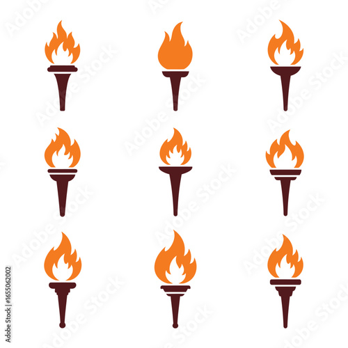 A set of torches with orange and yellow flames on white background