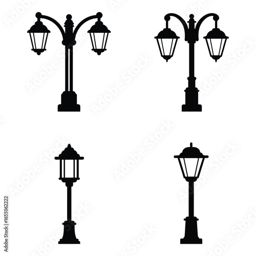 Black silhouettes of various street lamps on a white background