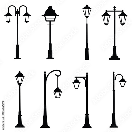 Collection of various street lamps and light posts in silhouette