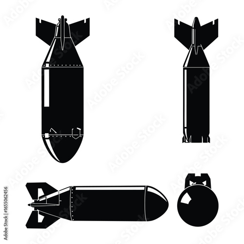 Black silhouettes of different bomb shapes and sizes on white background
