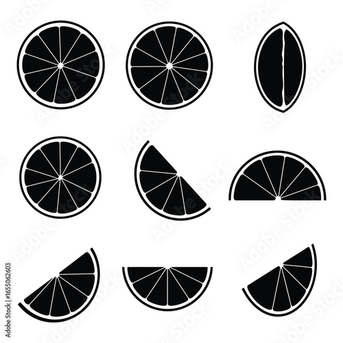 Black and white citrus fruit slices and wedges illustrations