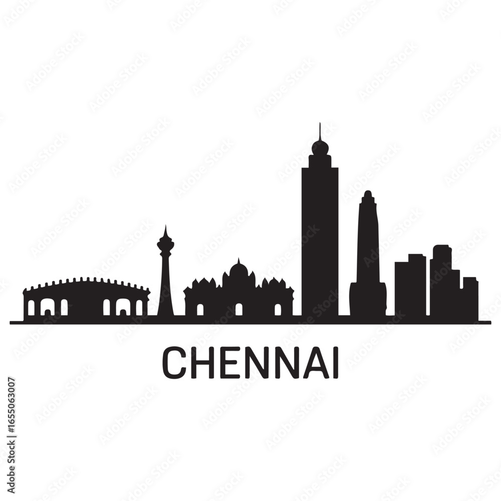Obraz premium Chennai skyline silhouette. Black Chennai city. Vector black silhouette. with white background