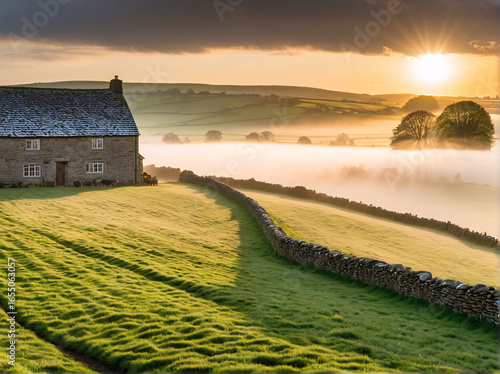 British farm at dawn with misty green hills.