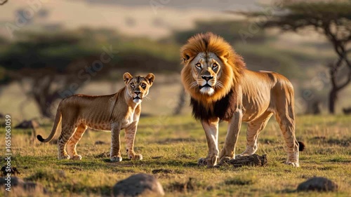 Wallpaper Mural Male lion with a dark mane and a lioness stand in an open grassy, tree-scattered field Torontodigital.ca