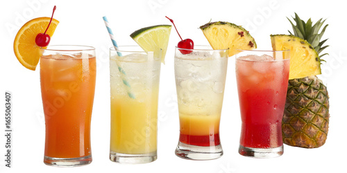 Four colorful tropical cocktails with fruit garnishes isolated on a transparent background