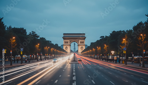 Champs-Élysées avenue with light trails of cars at night, Paris architecture.