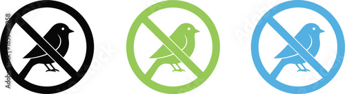 No birds allowed signs in black, green, and blue
