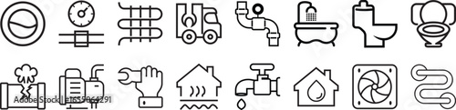 A collection of clean, modern line icons representing plumbing, heating, water supply, bathroom fixtures, utility repair, and maintenance services. Includes symbols of pipes,toilets,