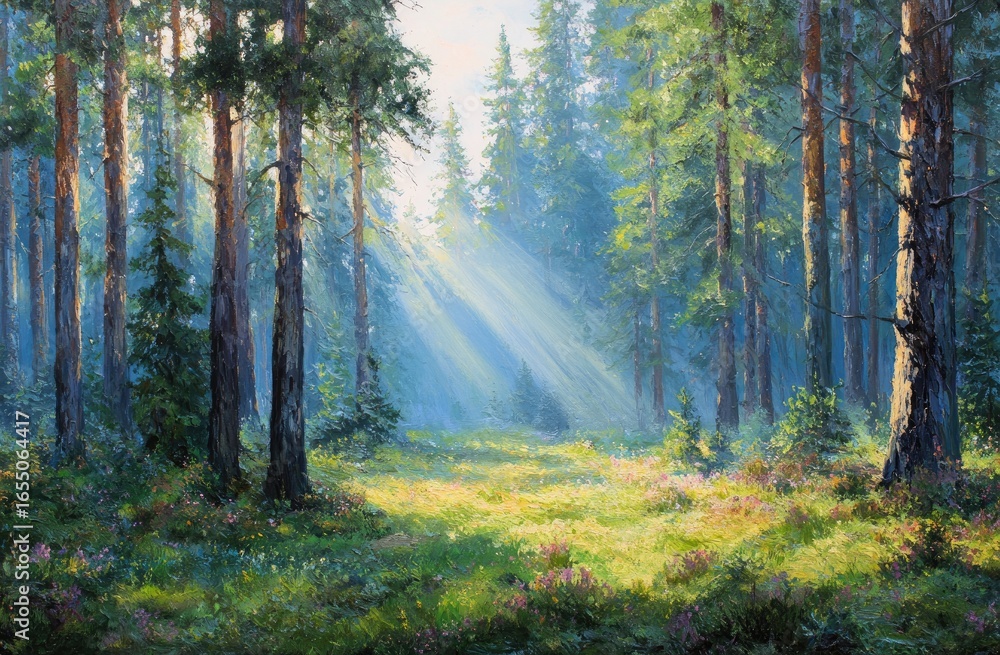 Obraz premium Sunlight streams through a pine forest