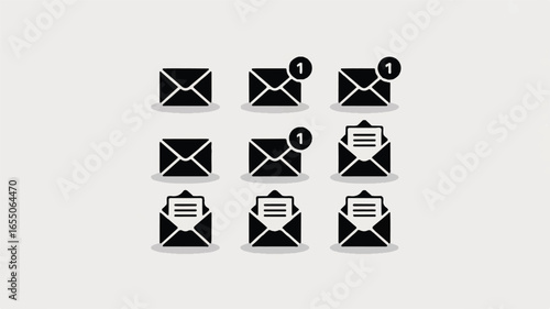 Email notification icons illustrating inbox message status like unopened unread received and read with simple modern black design on light background