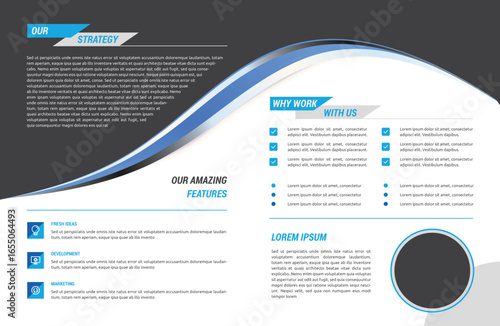 Geometric red and black brochure layout with text blocks, icons, and a circular accent, conveying a modern, professional, and informative ambiance.