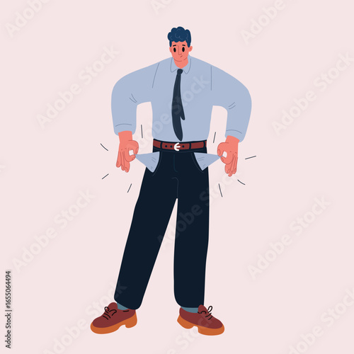 Cartoon vector illustration of a man turning his pockets inside out as a metaphor for financial struggle, lack of money, and hardship