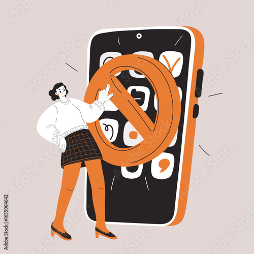 Cartoon vector illustration of a woman standing next to a large phone with a prohibition sign as a metaphor for digital boundaries, disconnection, and mindful technology use