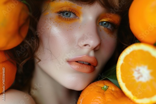 Beauty portrait of a woman with creative orange makeup posing with fresh oranges