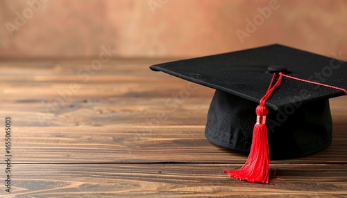 A black graduation cap with red tassel sits on a wooden surface, highlighting the academic achievement.