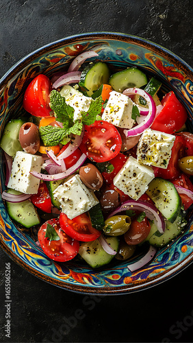 greek salad with feta cheese, red onions, cucumbers, and olives