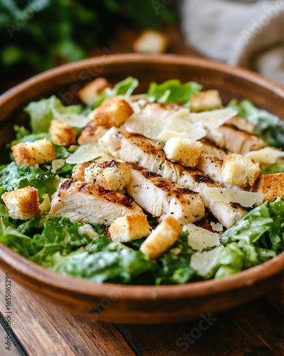 grilled chicken caesar salad served in a rustic ceramic bowl, topped with parmesan and croutons