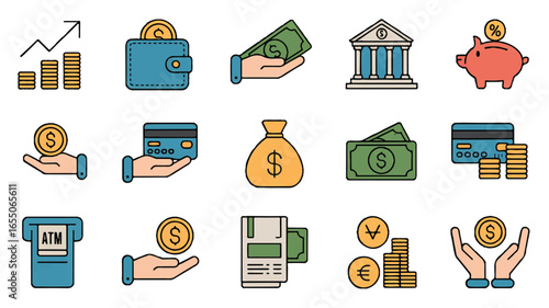 Financial icons collection depicting banking growth investment currency and diverse payment methods for modern economy and personal finance management