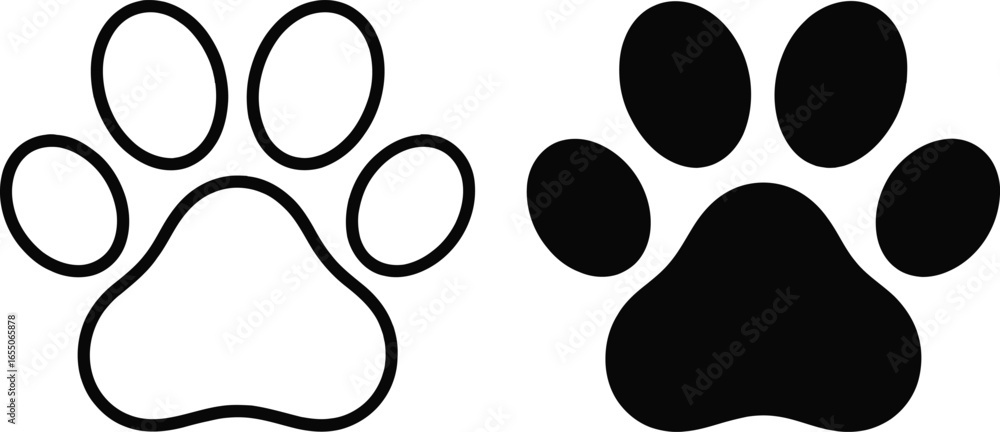 Fototapeta premium Black and White Paw Print Outline Icons, Animal Footprint Element Design
